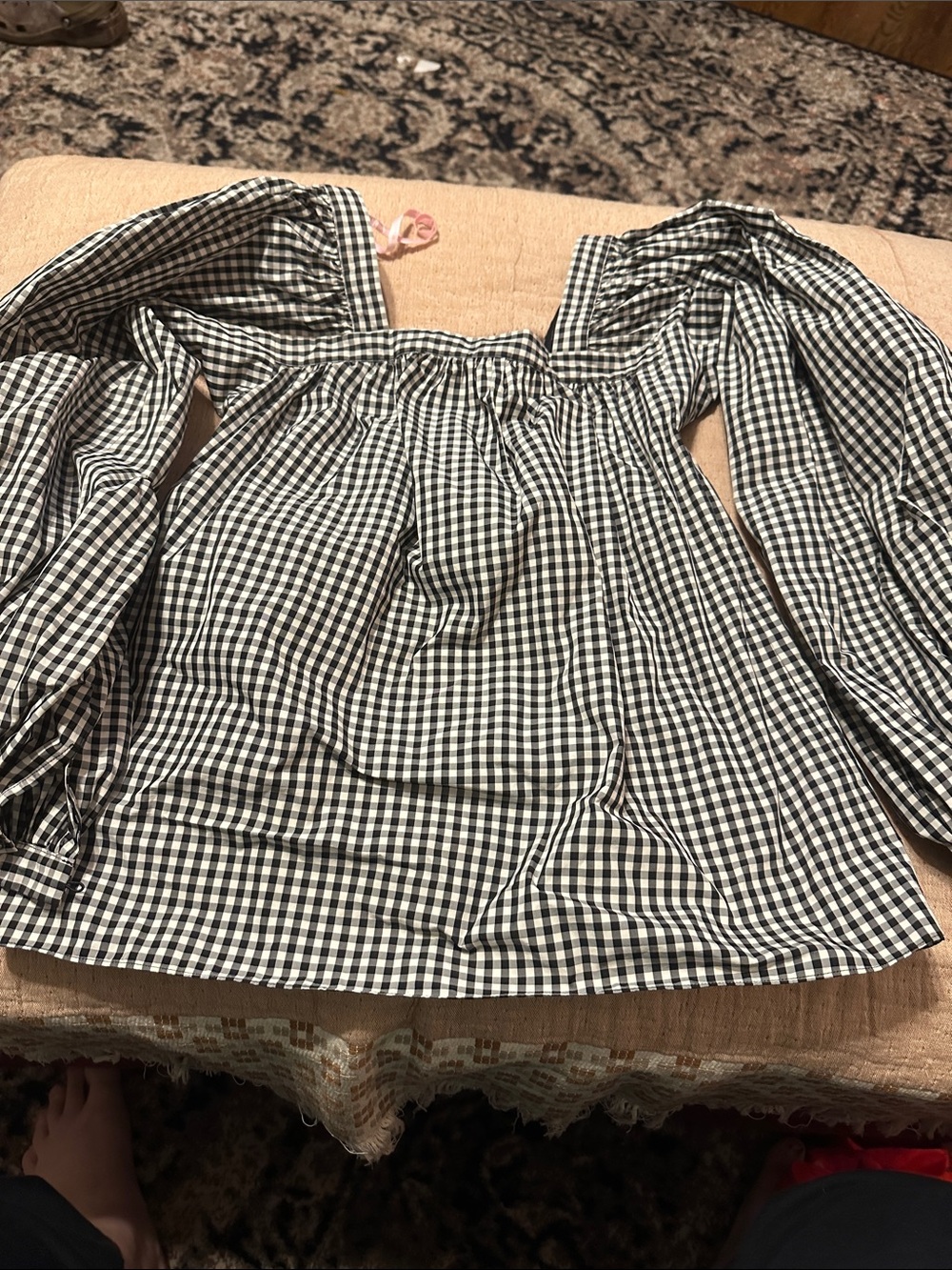 Kate spade puff sleeve Gingham square collar  Peasant Top - Black/White XS